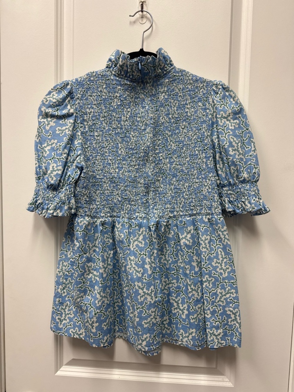 Tuckernuck Blue and White Smocked High-Neck Blouse - Picture 2 of 4